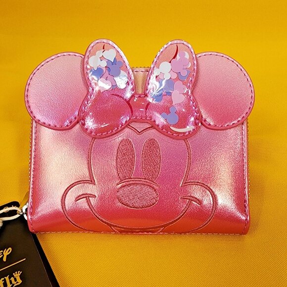 Loungefly Disney Minnie Mouse Pink Iridecent Ears Bow Confetti Zip Wallet NEW - Picture 1 of 13